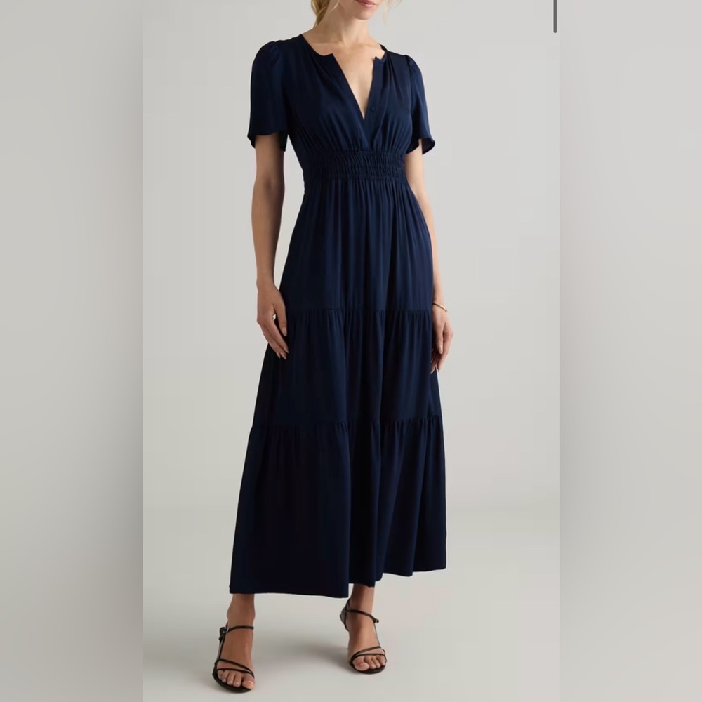Quince Navy Organic Cotton Tiered Maxi Dress sz XS Womens Pockets Poplin Fabric